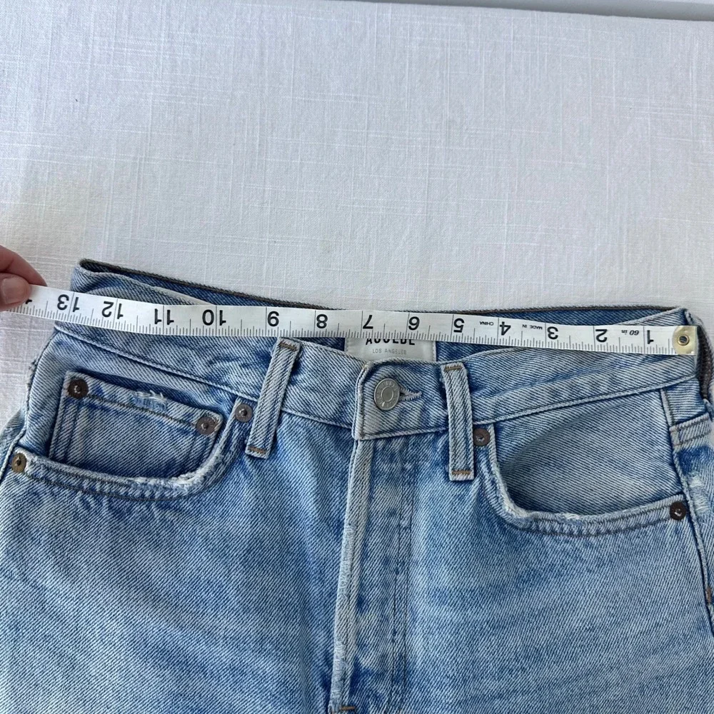 AGOLDE Parker Long High Rise Denim Shorts Skyewave Blue Raw Hem 24